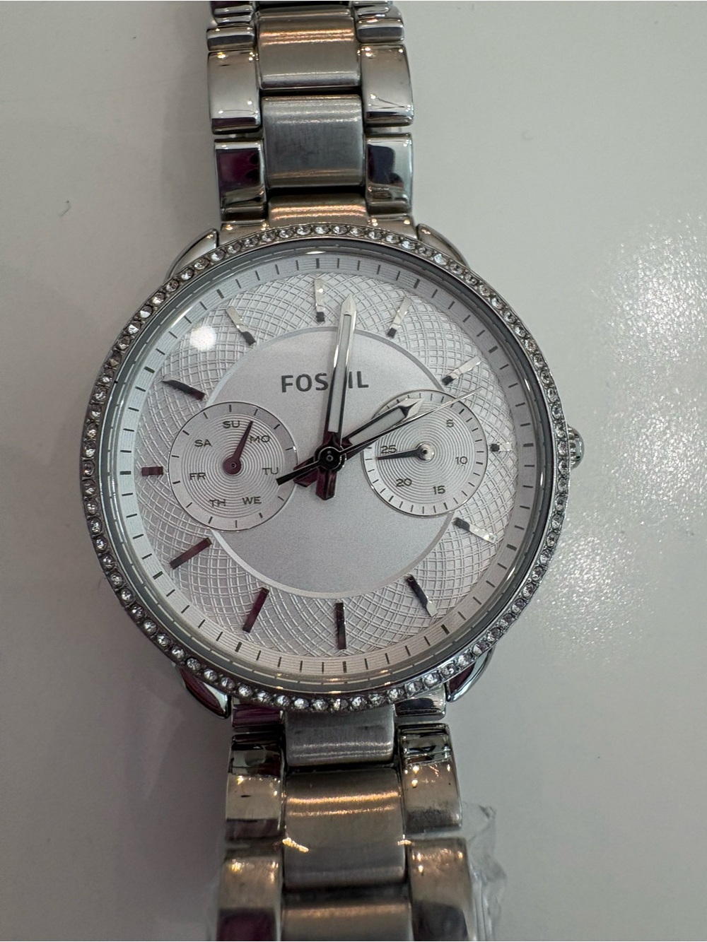 Fossil ES4262 Silver Tone Crystal Bezel Multifunction Watch